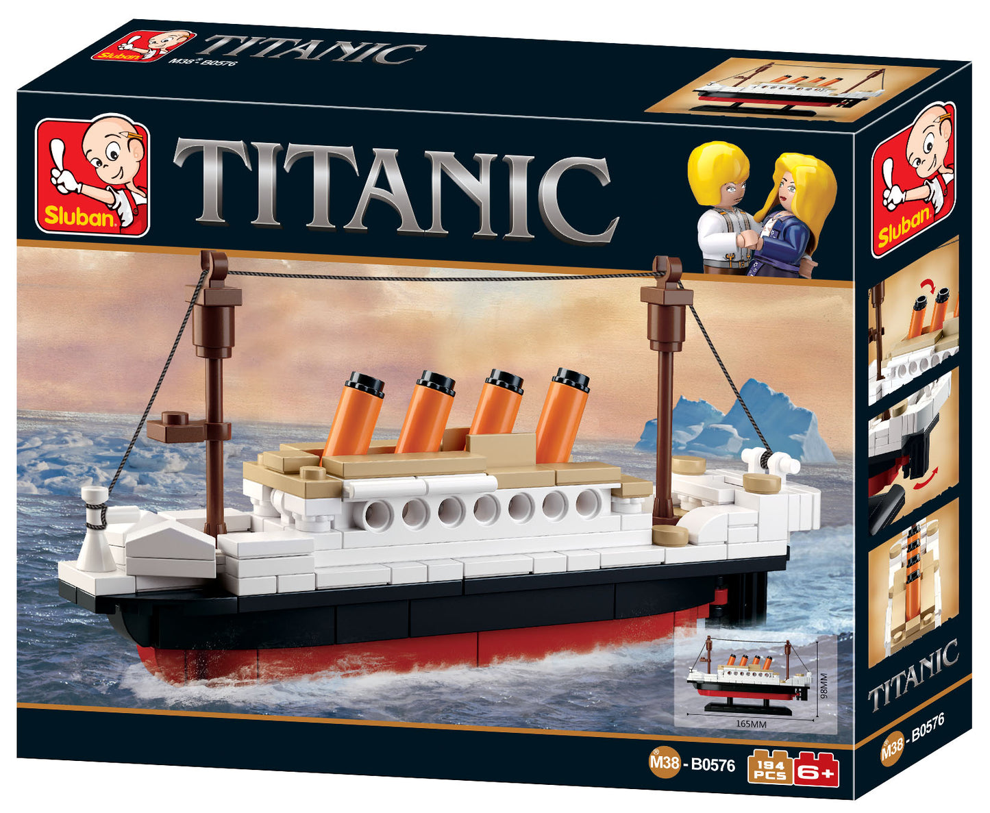 a box with a toy titanic ship and minifigures