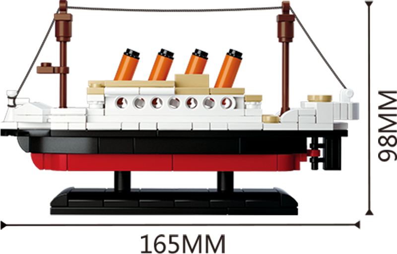 a box with a toy titanic ship and minifigures