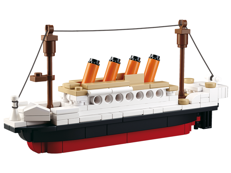a box with a toy titanic ship and minifigures