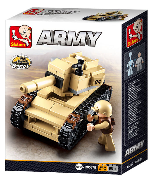 a display of army tanks and trucks and toys from sluban Australia building bricks