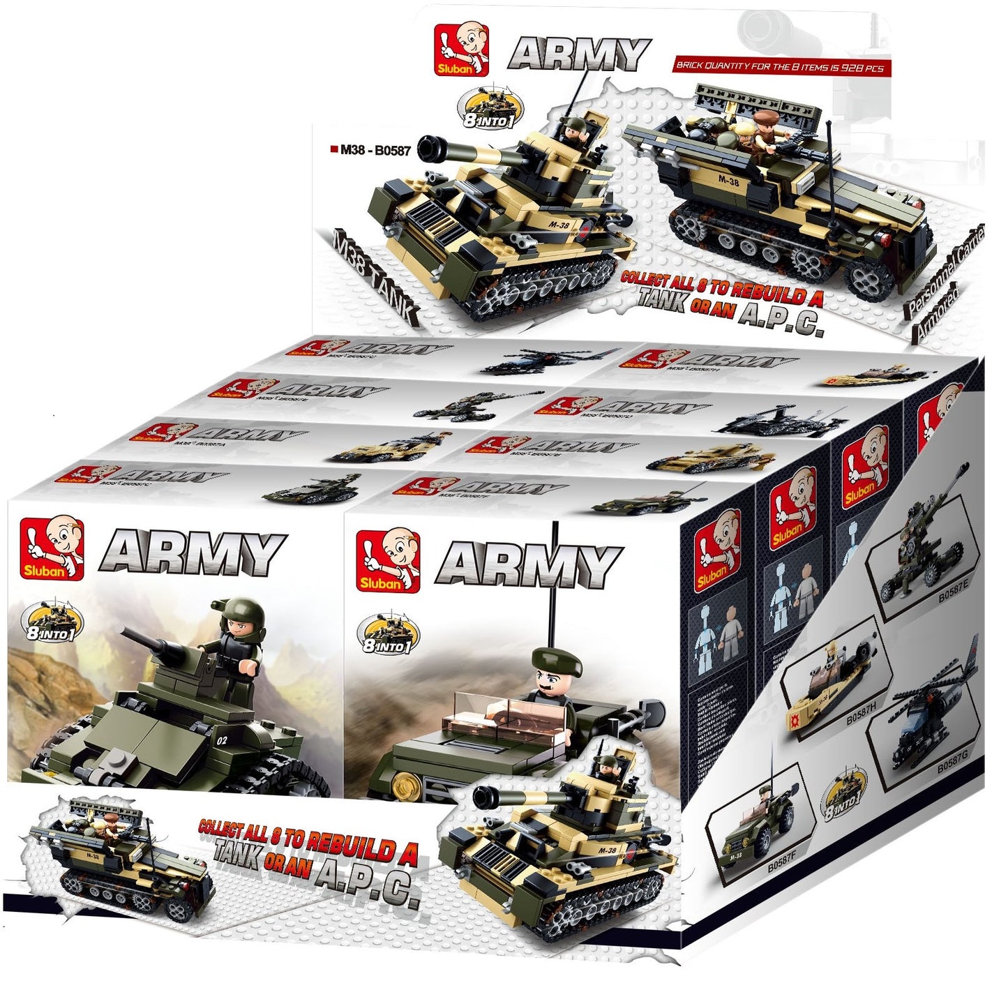 a display of army tanks and trucks and toys from sluban Australia building bricks
