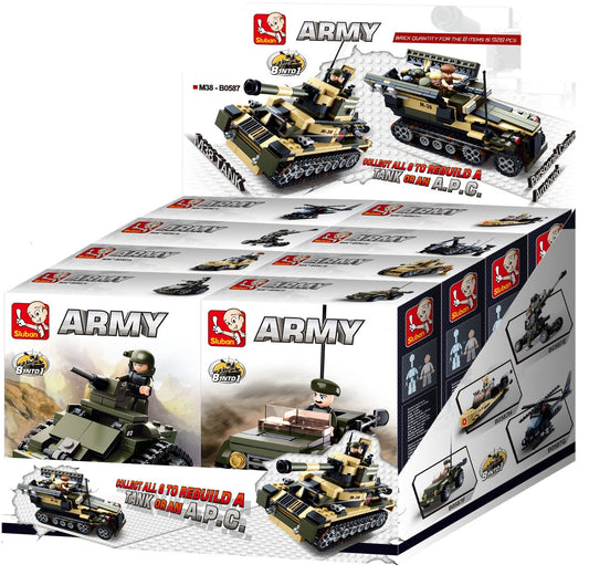 a display of army tanks and trucks and toys from sluban Australia building bricks