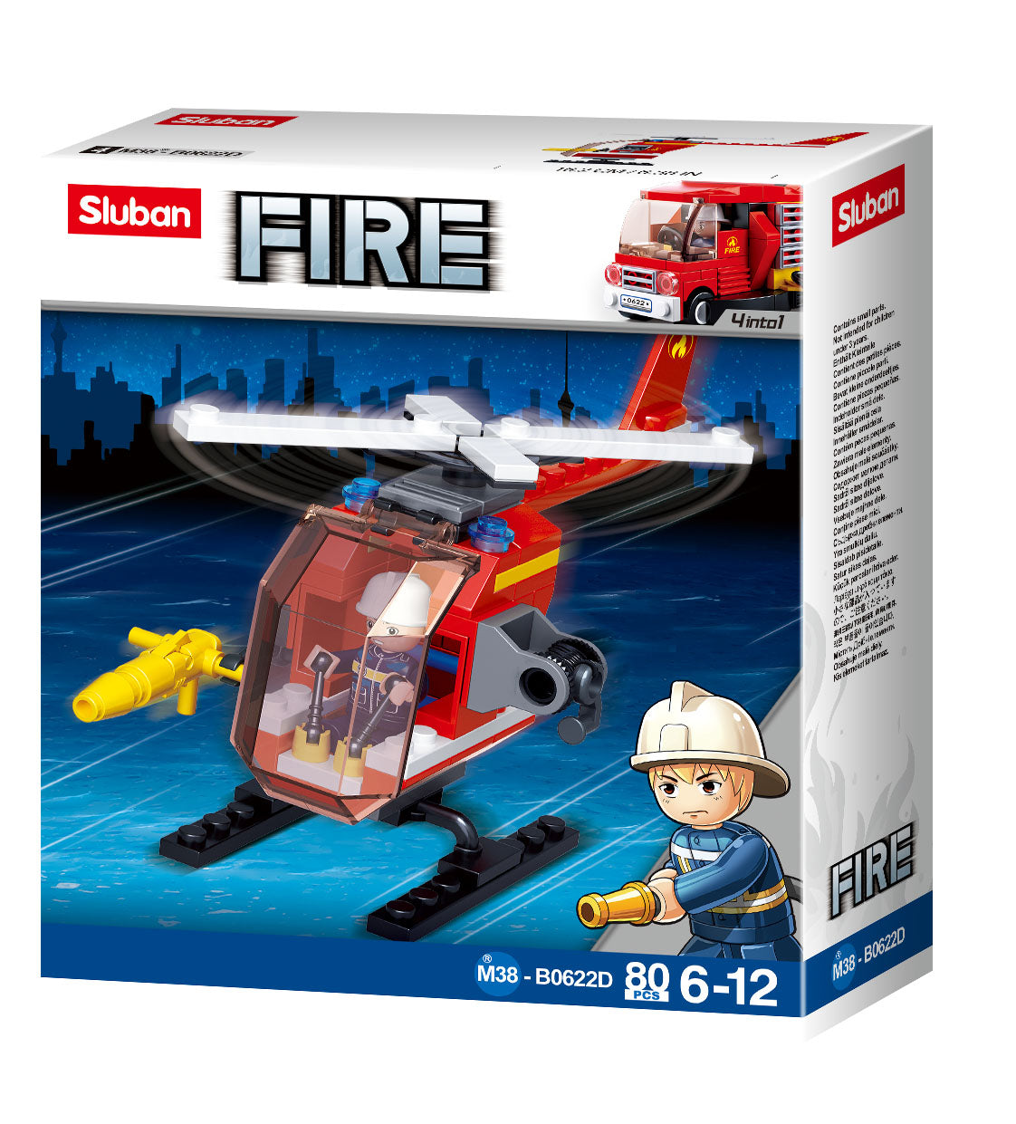 a box of fire truck toys from sluban Australia and building bricks