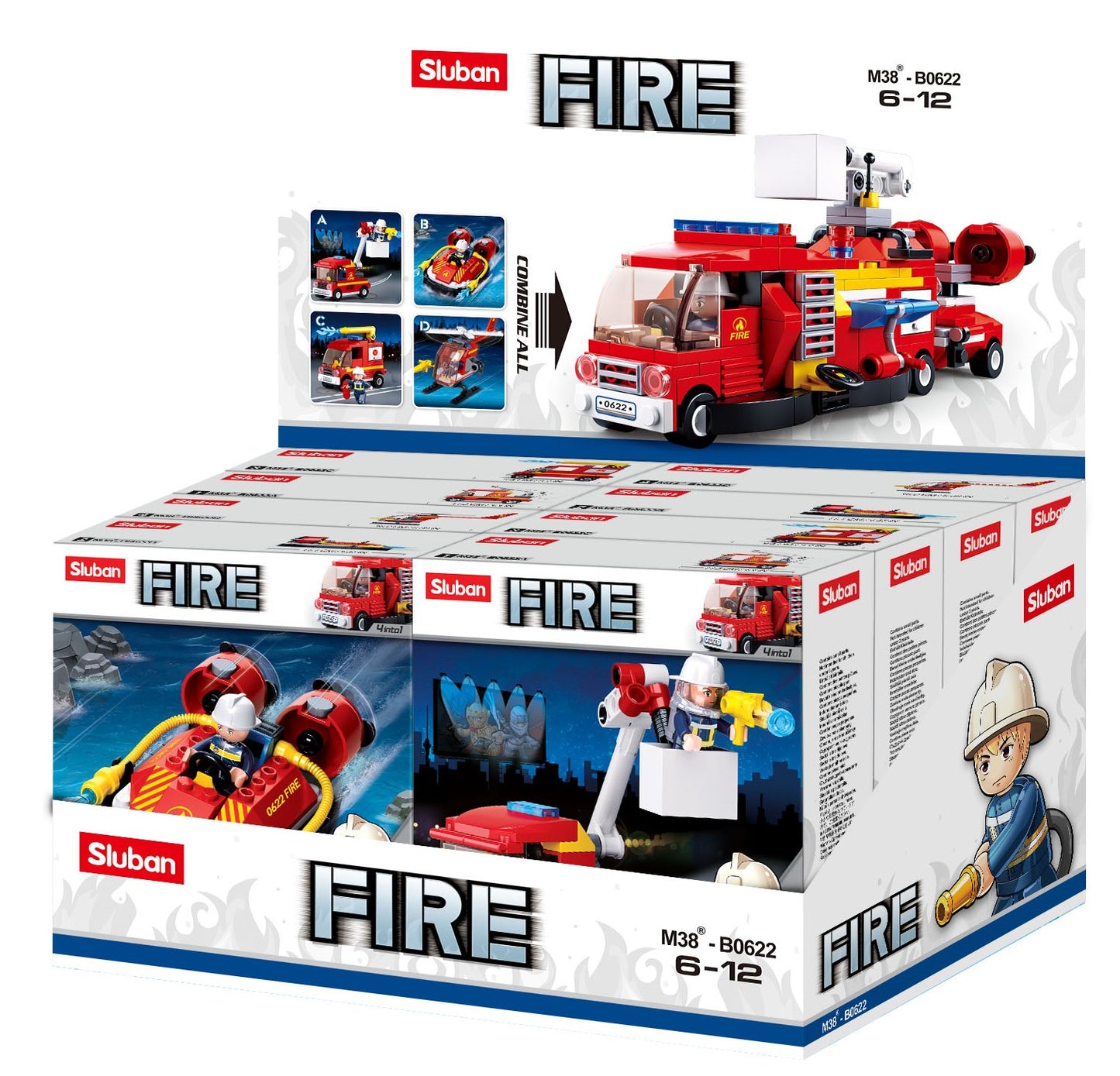 a box of fire truck toys from sluban Australia and building bricks Fire department vehicles display with trucks and ladder, Sluban B0622 fire rescue toy blocks