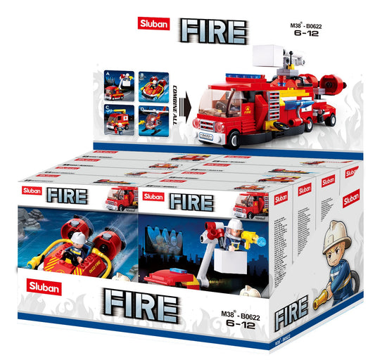 a box of fire truck toys from sluban Australia and building bricks 	Fire department vehicles display with trucks and ladder, Sluban B0622 fire rescue toy blocks
