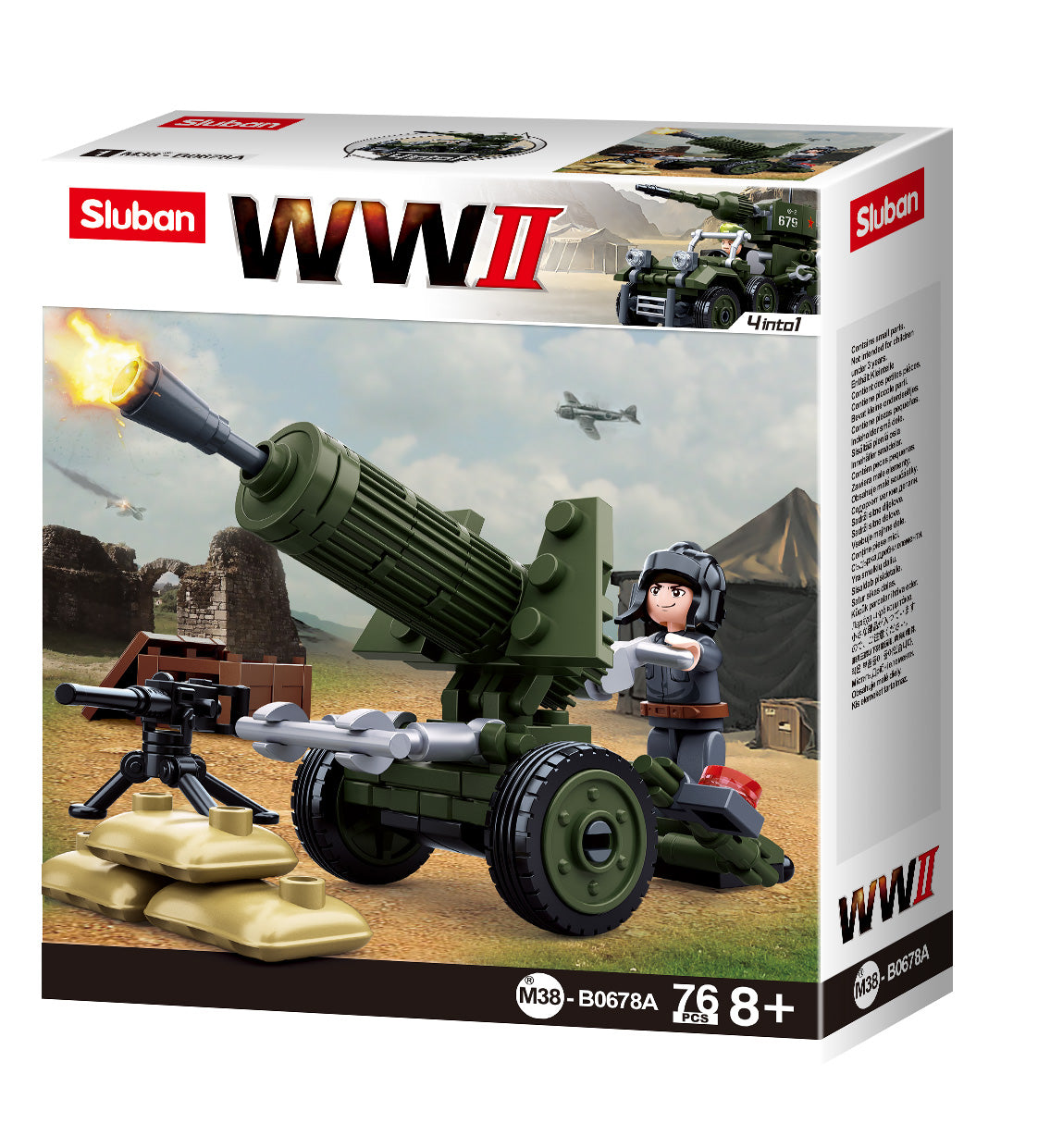 a box of toy army vehicles of building bricks from the sluban australia range.