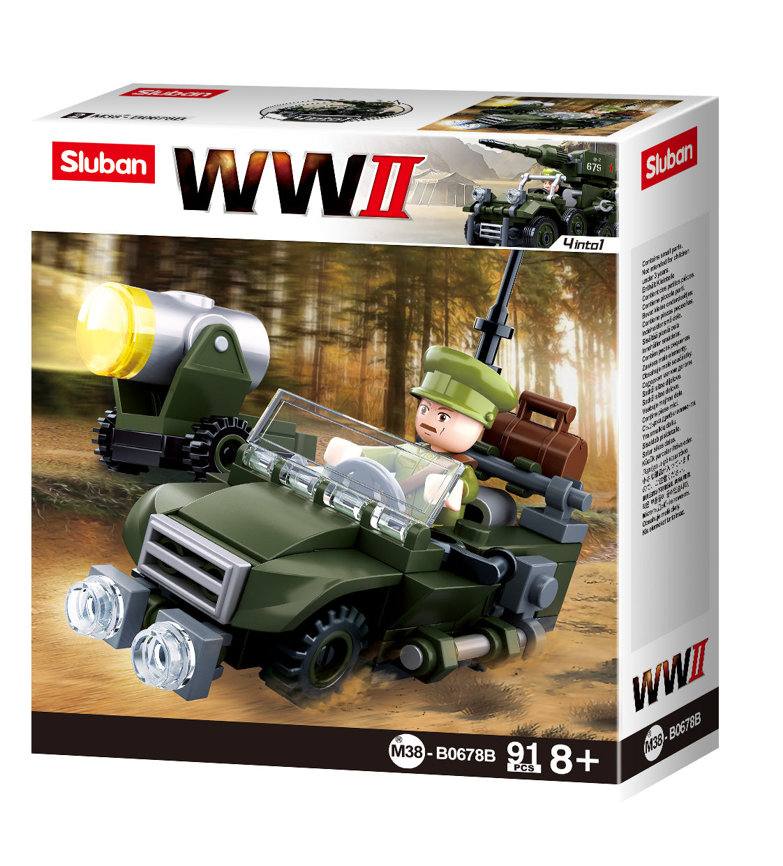 a box of toy army vehicles of building bricks from the sluban australia range.