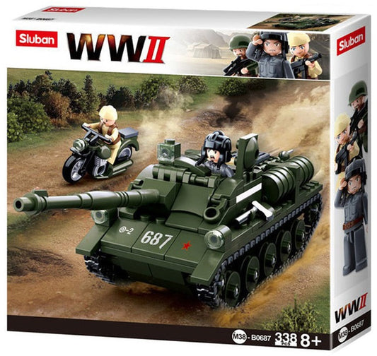 a box with a toy tank and a motorcycle for kids from the sluban australia building block range.