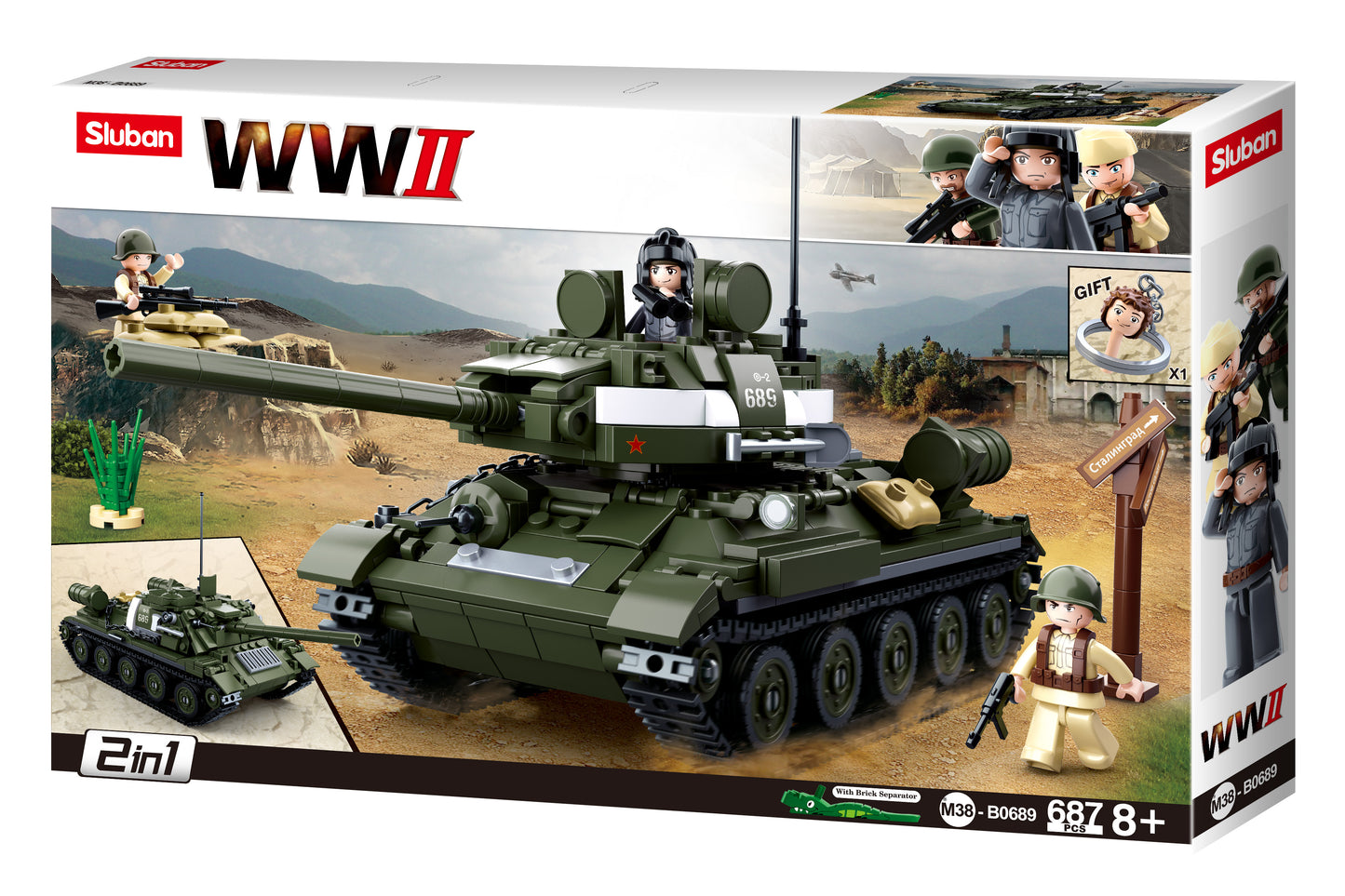a box of toy building blocks including tanks and minifigures from sluban australia.