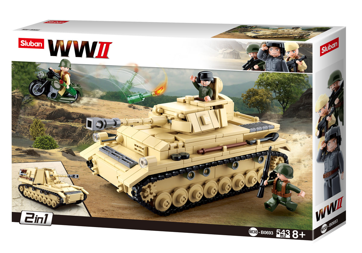 a box of toy building blocks containing a tank and minifigures from sluban Australia.