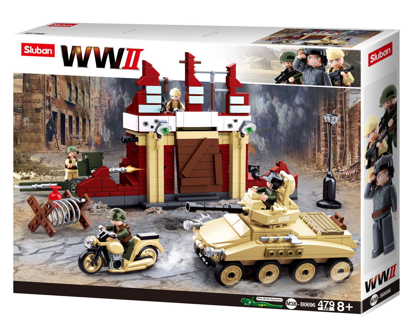 A battle of stalingrad containing tanks and bikes and minifigures from sluban australia.