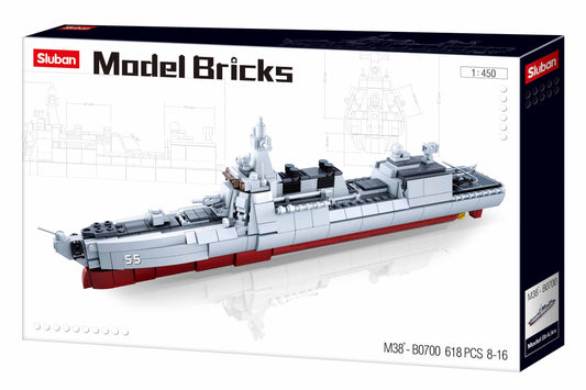 a toy ship in a box containing building bricks and blocks from sluban australia.