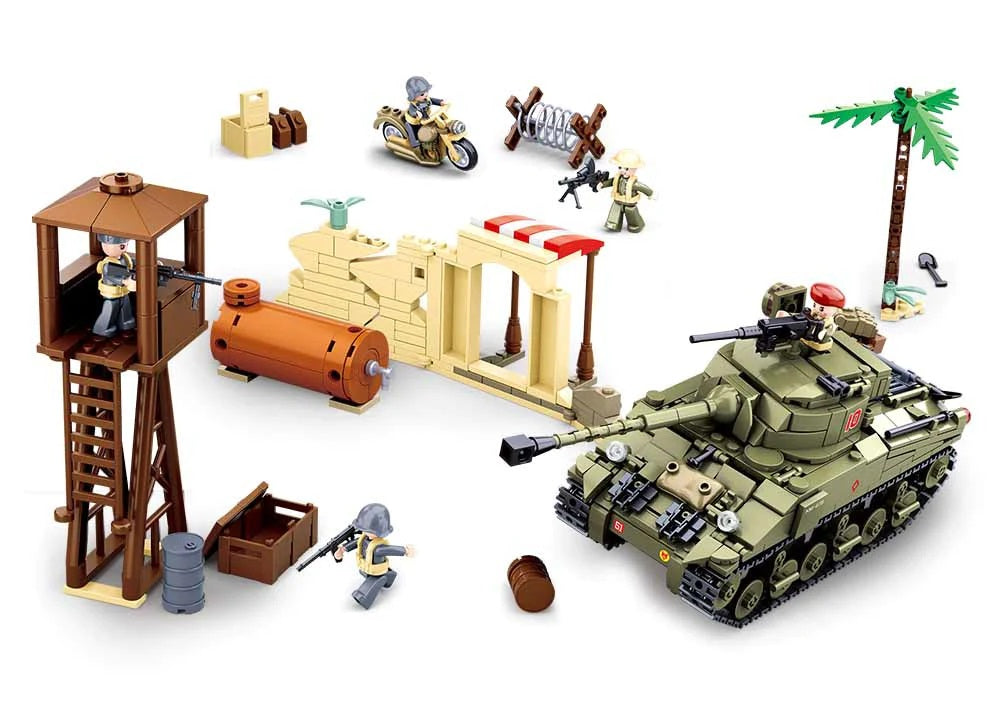 WW2 battlefield scene with tanks and soldiers, Sluban B0713 historical combat blocks