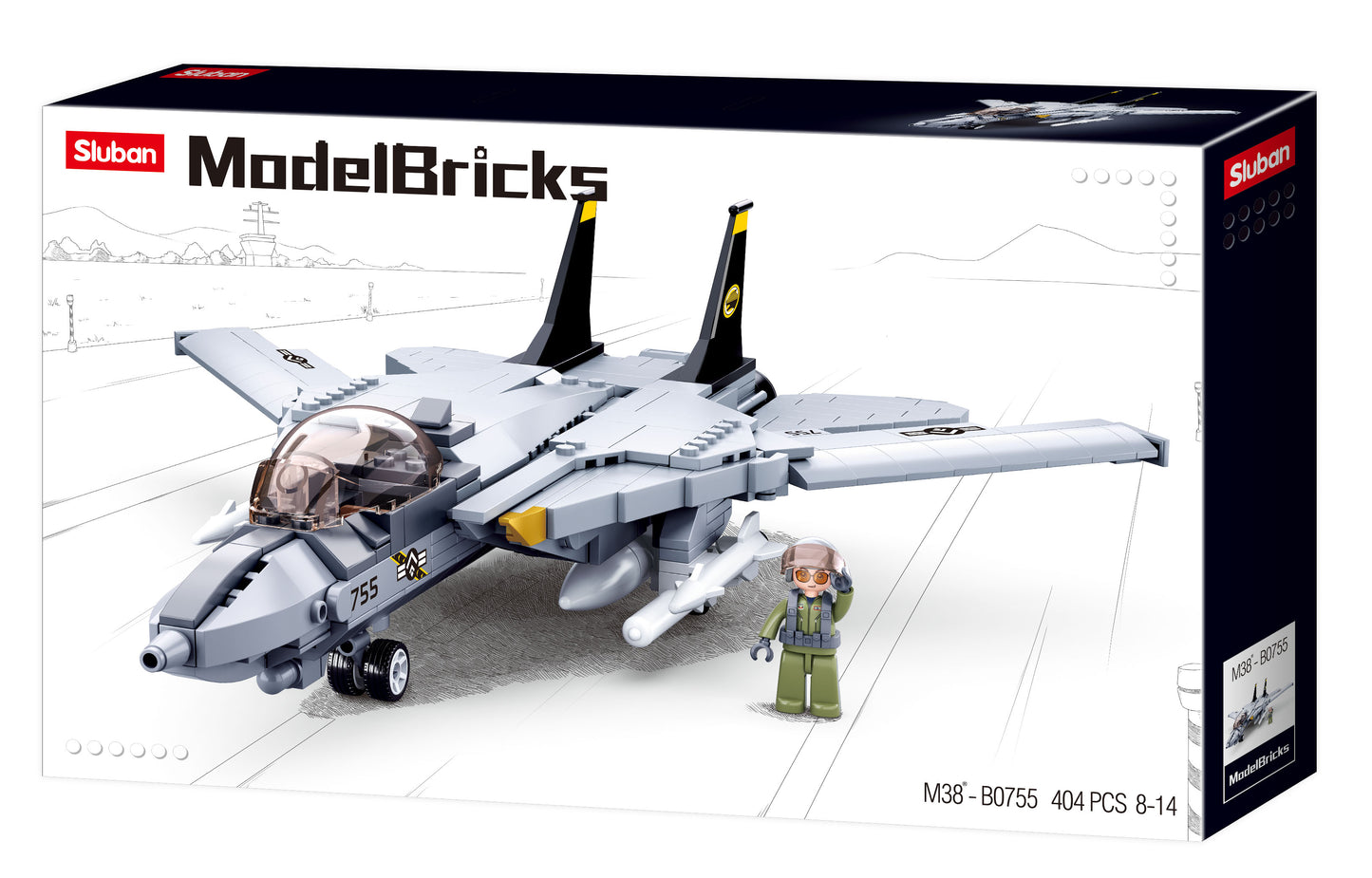 a toy plane f14 fighter with a man in the background made up of building bricks and blocks from the sluban australia range.