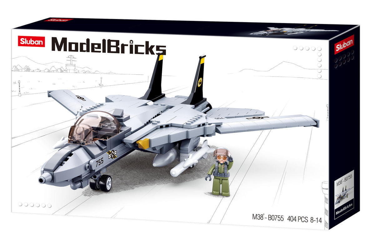 a toy plane f14 fighter with a man in the background made up of building bricks and blocks from the sluban australia range.