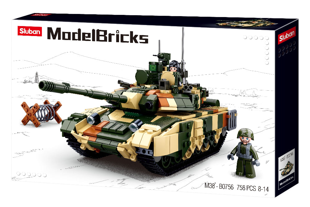 a toy tank t90ms battle tank, made up of building bricks and blocks from the sluban autralia range.
