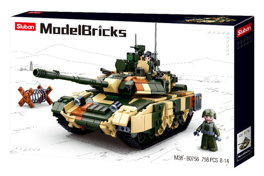 a toy tank t90ms battle tank, made up of building bricks and blocks from the sluban autralia range.