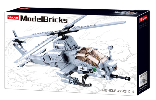 Model brick AH-1Z Attack helicopter fmade up of building bricks from the sluban Australia range.