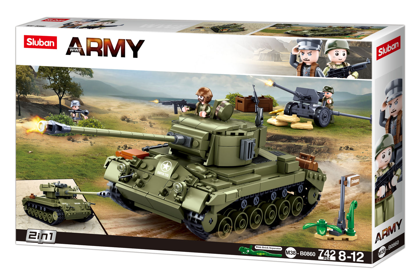 B0860 WW2 M26E1 PERSHING MEDIUM TANK with minifigures battle scene made up of building bricks from the sluban australia range.