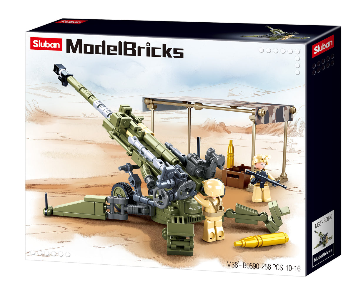 B0890 MB M777 HOWITZER with minifigures made up of building blocks and bricks from the sluban australia range.