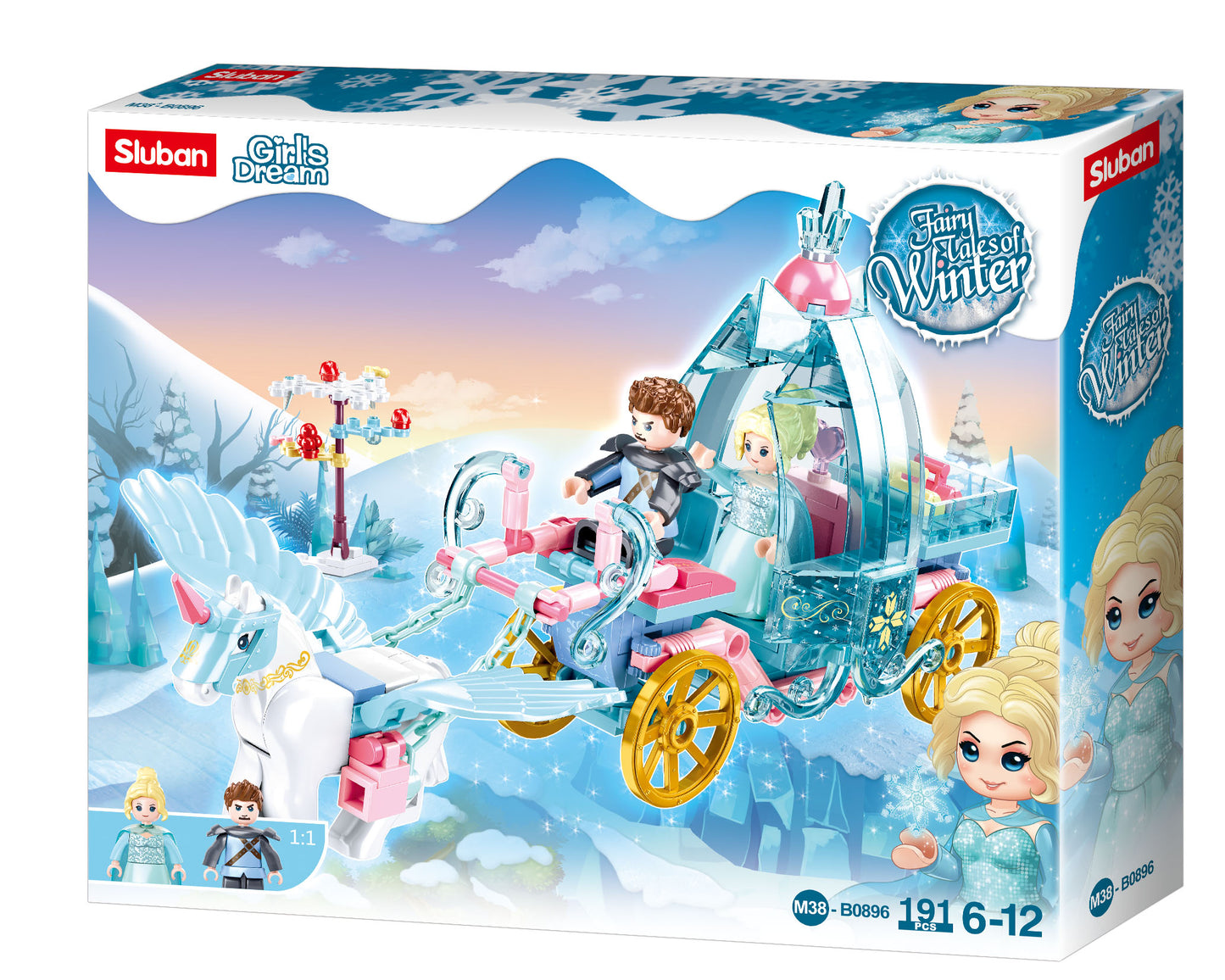 B0896 FAIRY TALES OF WINTER CARRIAGE made up of building bricks and blocks from sluban Australia.