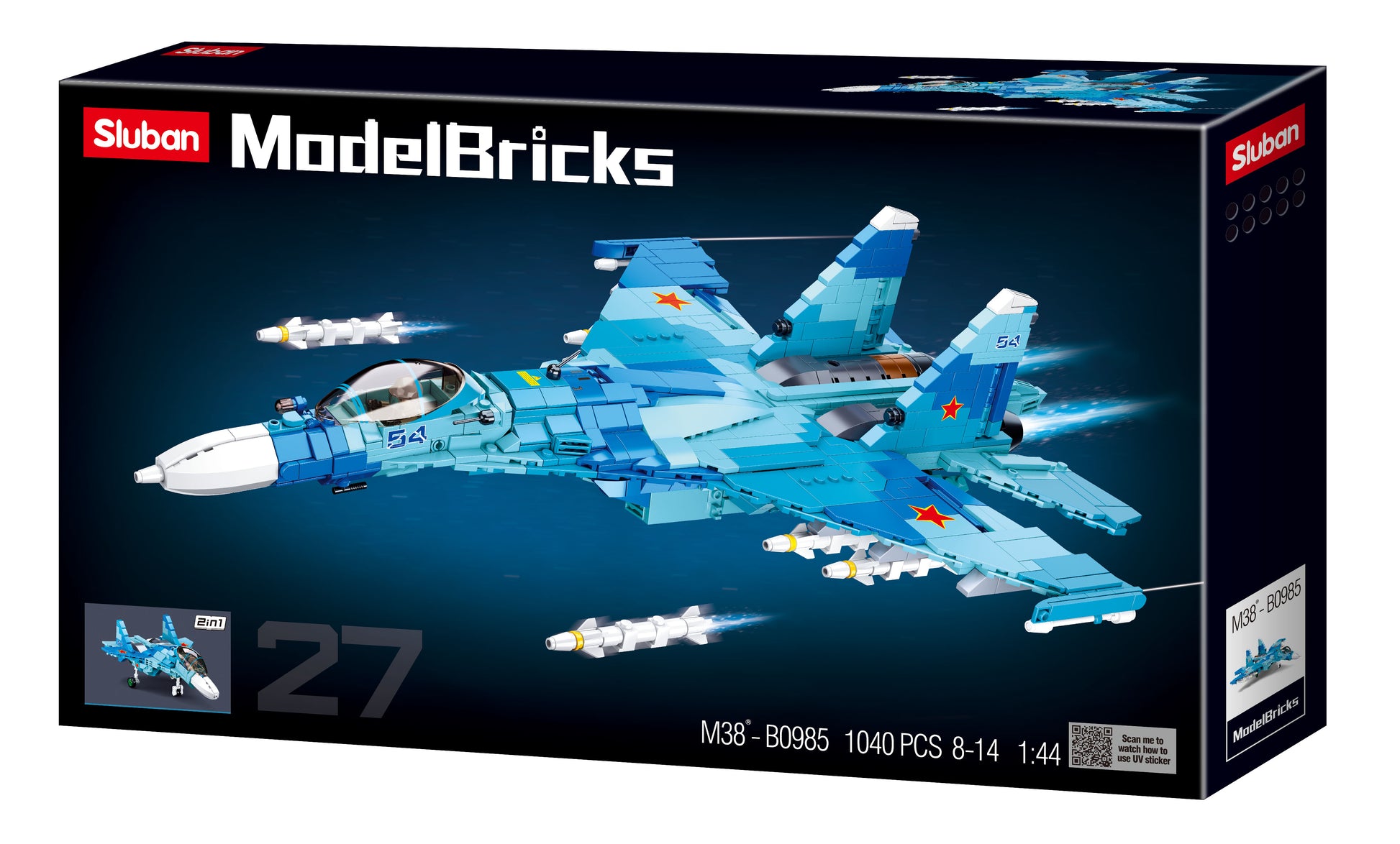 B0985 MB SU-27 FIGHTER 2 IN 1 1040 building bricks and blocks with minifigures from sluban australia.