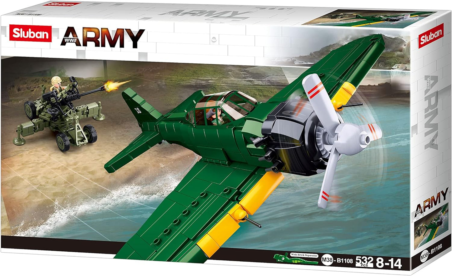 The M38-B1108 Sluban A6M Zero plane from sluban australia with minifigures and machine gun for kids and adults from sluban australia.