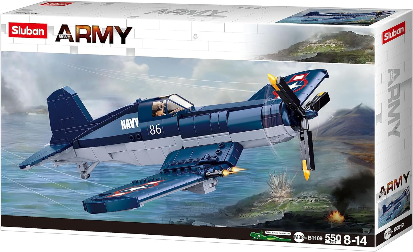 The M38- WW2 F4U FIGHTER 550 PCSplane from sluban australia with minifigures and machine gun for kids and adults from sluban australia.