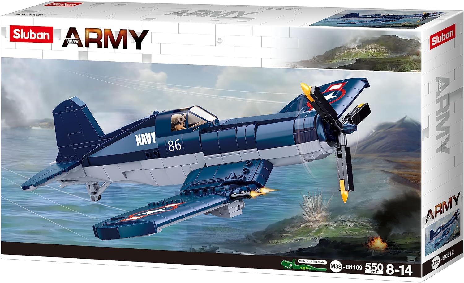The M38- WW2 F4U FIGHTER 550 PCSplane from sluban australia with minifigures and machine gun for kids and adults from sluban australia.