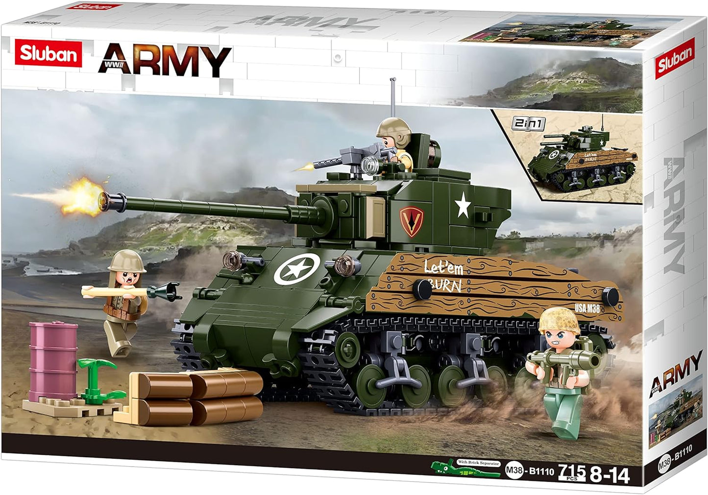 The M38-B1110 Sluban World War II Pacific Storm: M4A3 (76W) Medium Tank World War II Pacific Storm: M4A3 (76W) with minifigures from sluban australia.