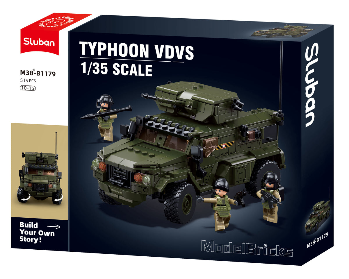 Sluban Typhoon VDVS model kit packaging with military vehicle and figures on a dark background