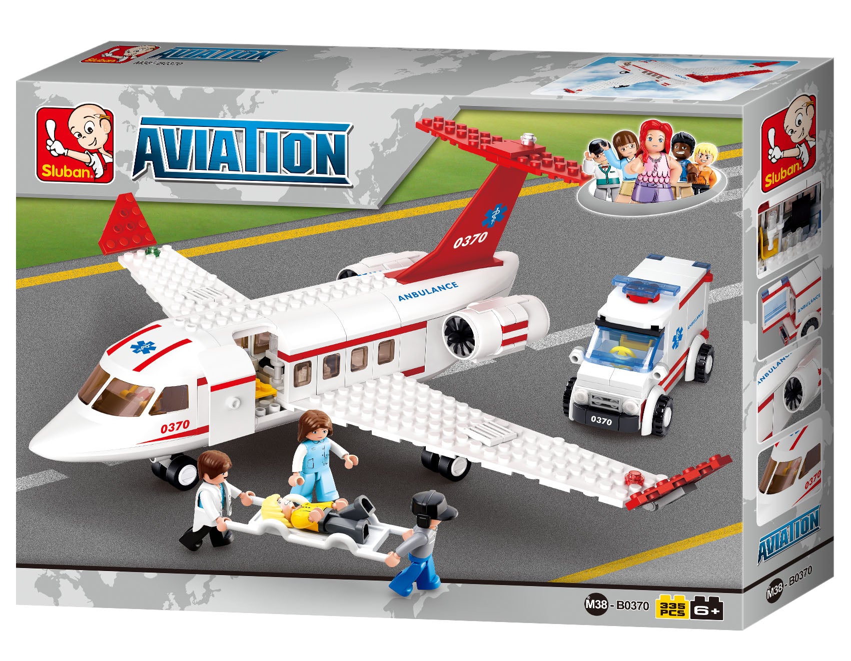 A toy medical emergency scene with a white airplane marked "Ambulance," several figures, and a small ambulance vehicle. Two figures carry a stretcher with a patient figure.