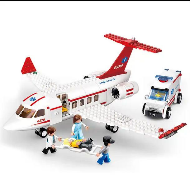Medical air ambulance helicopter model with stretcher and crew, Sluban B0370 medical rescue building toy