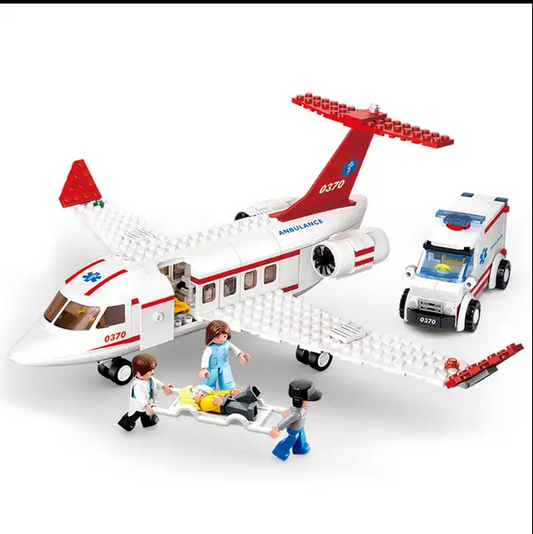 Medical air ambulance helicopter model with stretcher and crew, Sluban B0370 medical rescue building toy