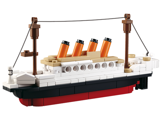 a box with a toy titanic ship and minifigures 