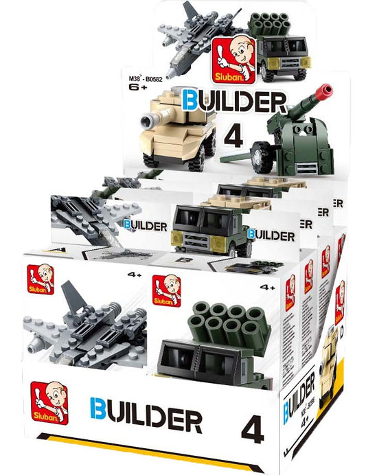 a box of building blocks containing planes, tanks, gun turrants  and bricks.  