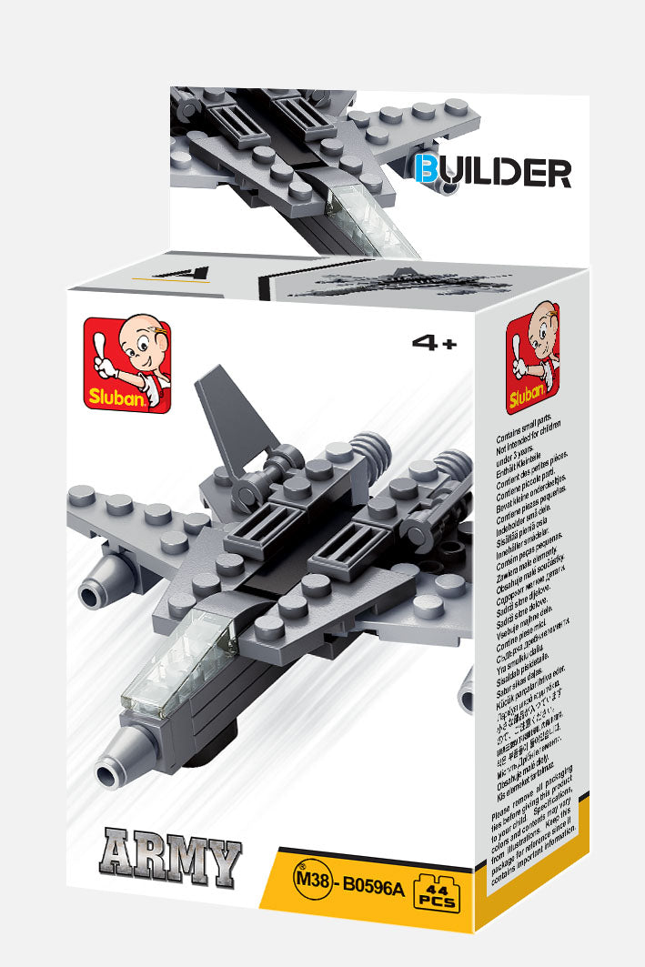 a box of building blocks containing a plane and bricks.
