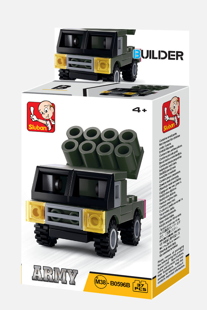 a box of building blocks containing planes, tanks, gun turrants and bricks.