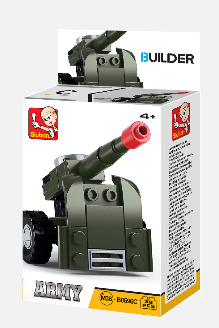 a box of building blocks containing planes, tanks, gun turrants and bricks.
