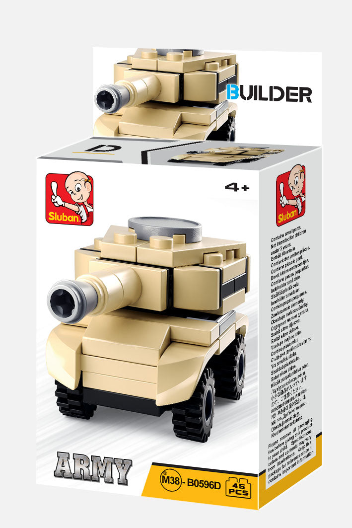 a box of building blocks containing planes, tanks, gun turrants and bricks.