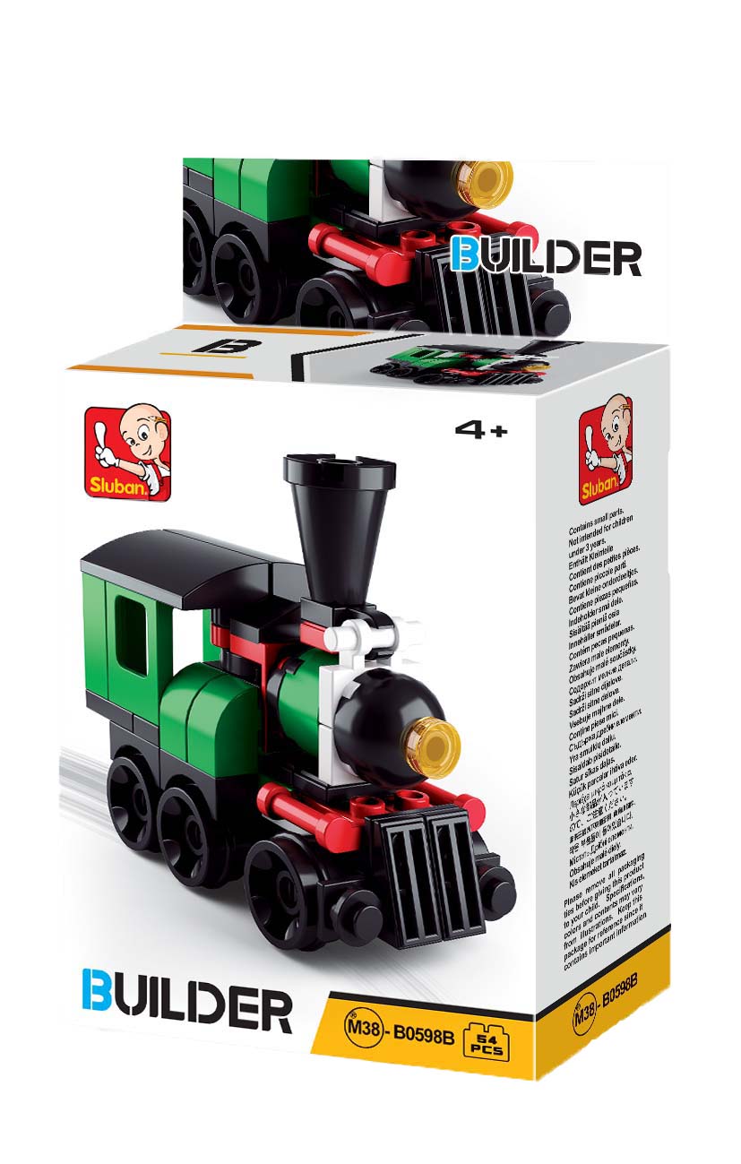 a box of building blocks containing a train and bricks. train engine toy with tracks.