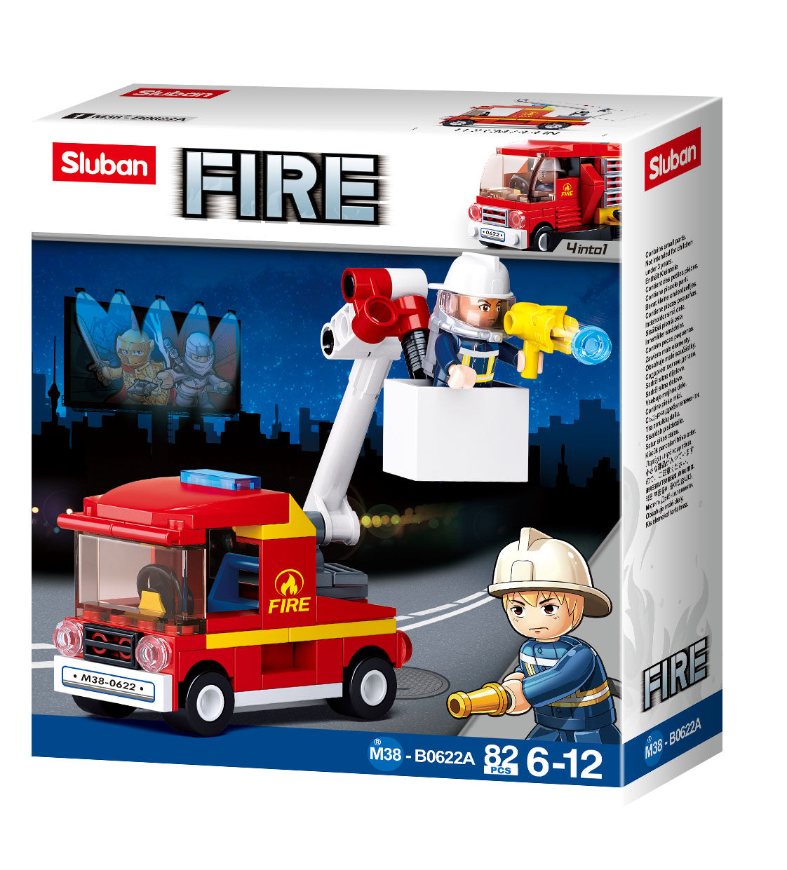 a box of fire truck toys from sluban Australia and building bricks 