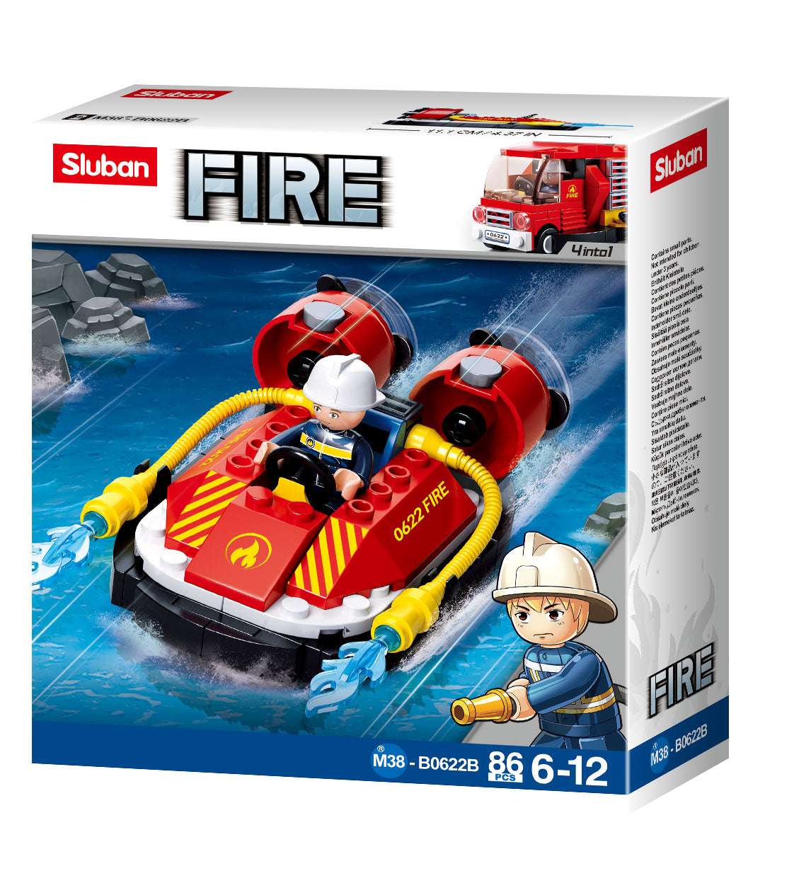 a box of fire truck toys from sluban Australia and building bricks 