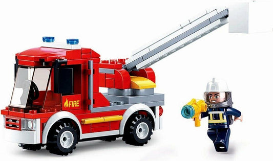 Red fire truck building set with ladder and hose, Sluban B0632 fire engine toy
