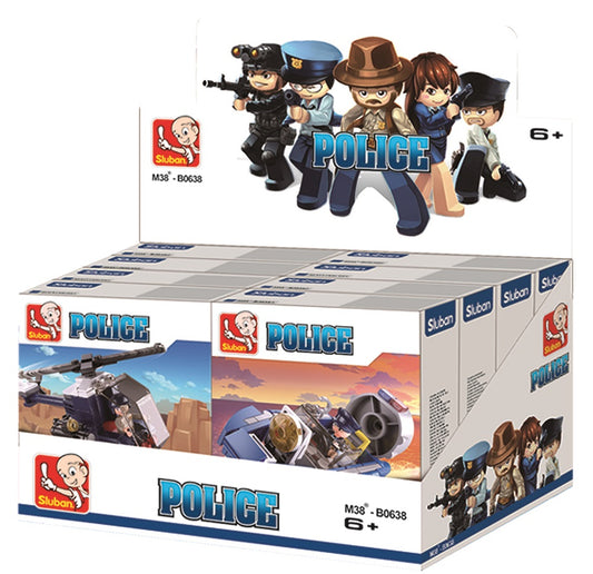 a box of toy figures from the police sluban range with a range of helicopters, boats and cars.