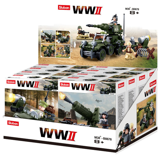 a box of toy army vehicles of building bricks from the sluban australia range.