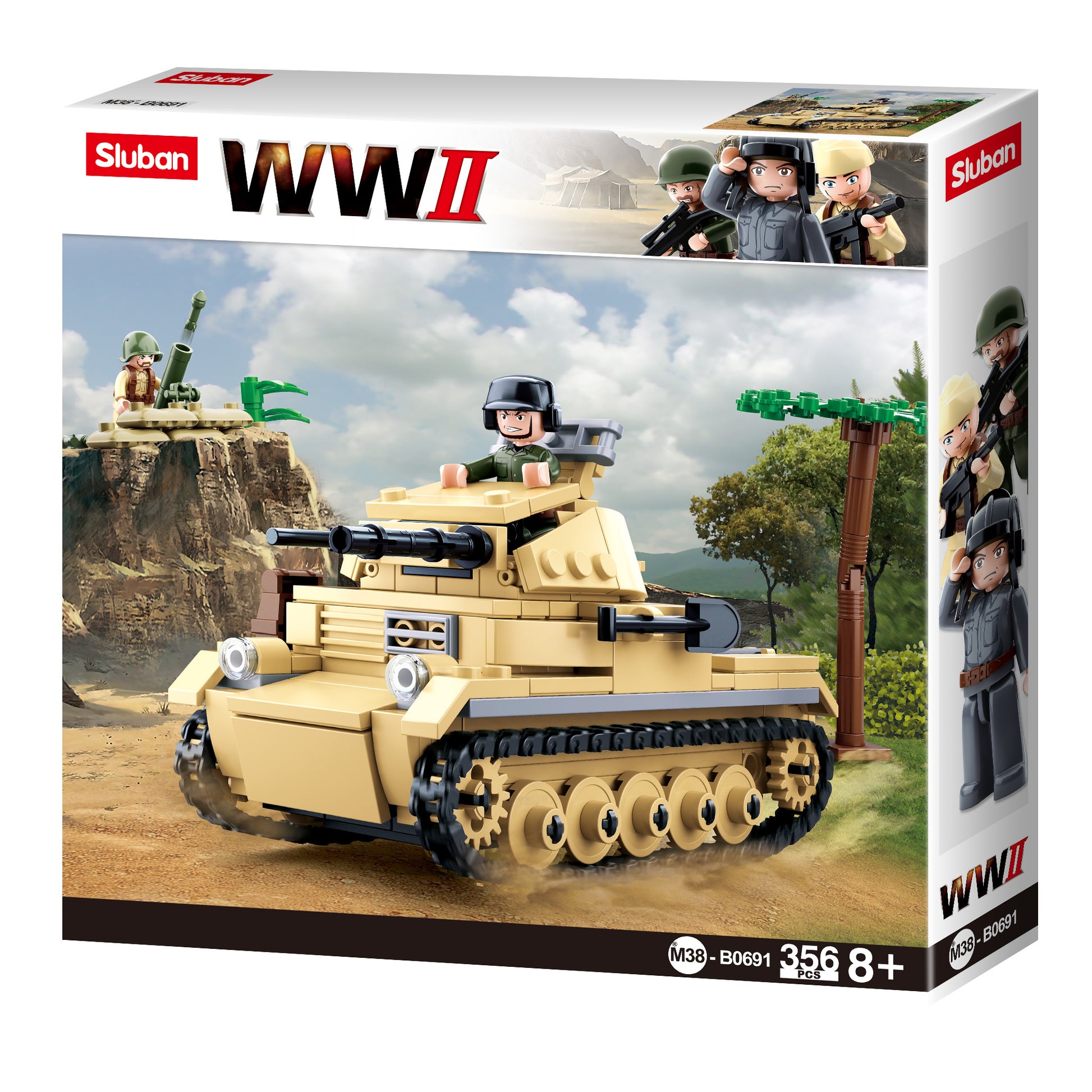 a box of toy building blocks including tanks and minifigures from sluban australia.