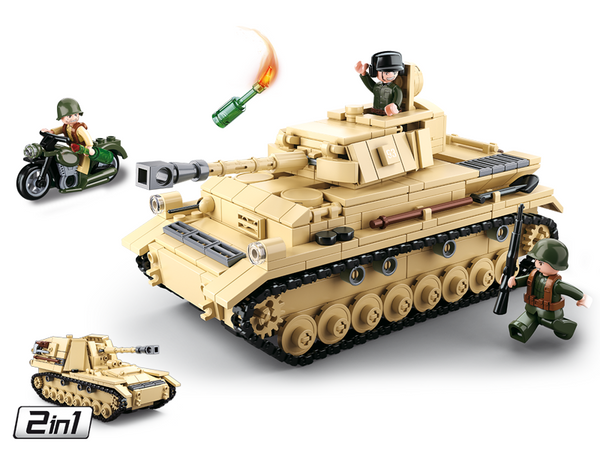 WW2 Panzer IV heavy tank model with turret, Sluban B0693 army building blocks set