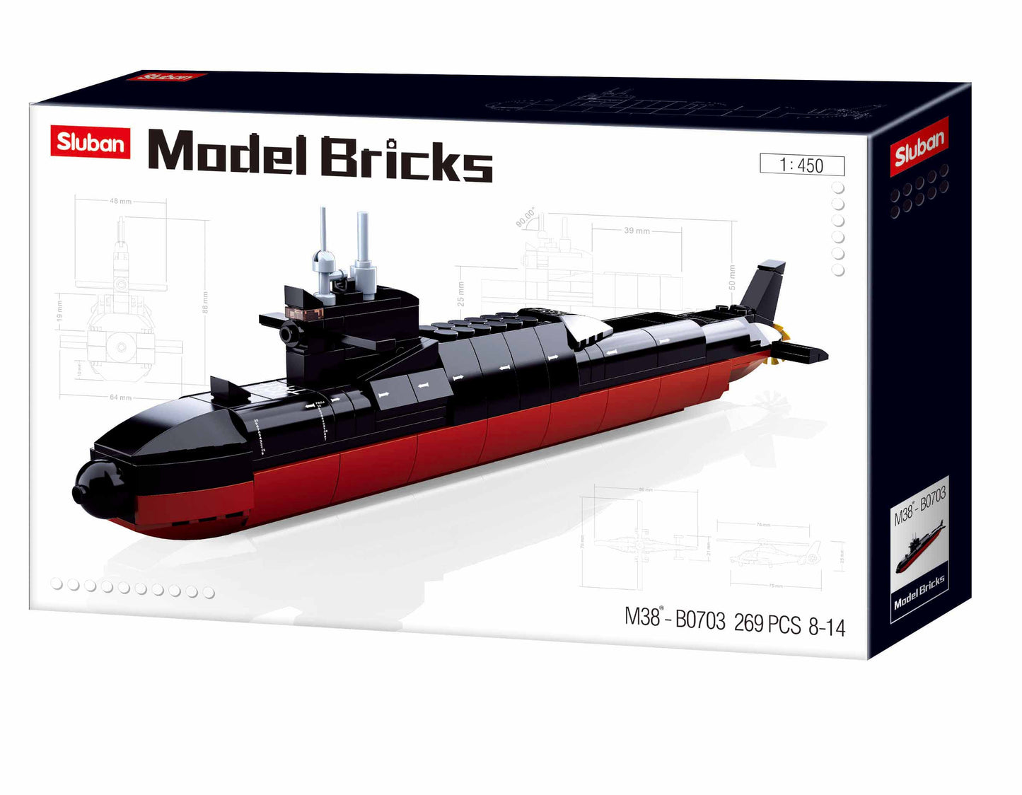 a toy submarine in a box containing building bricks and blocks from sluban australia.