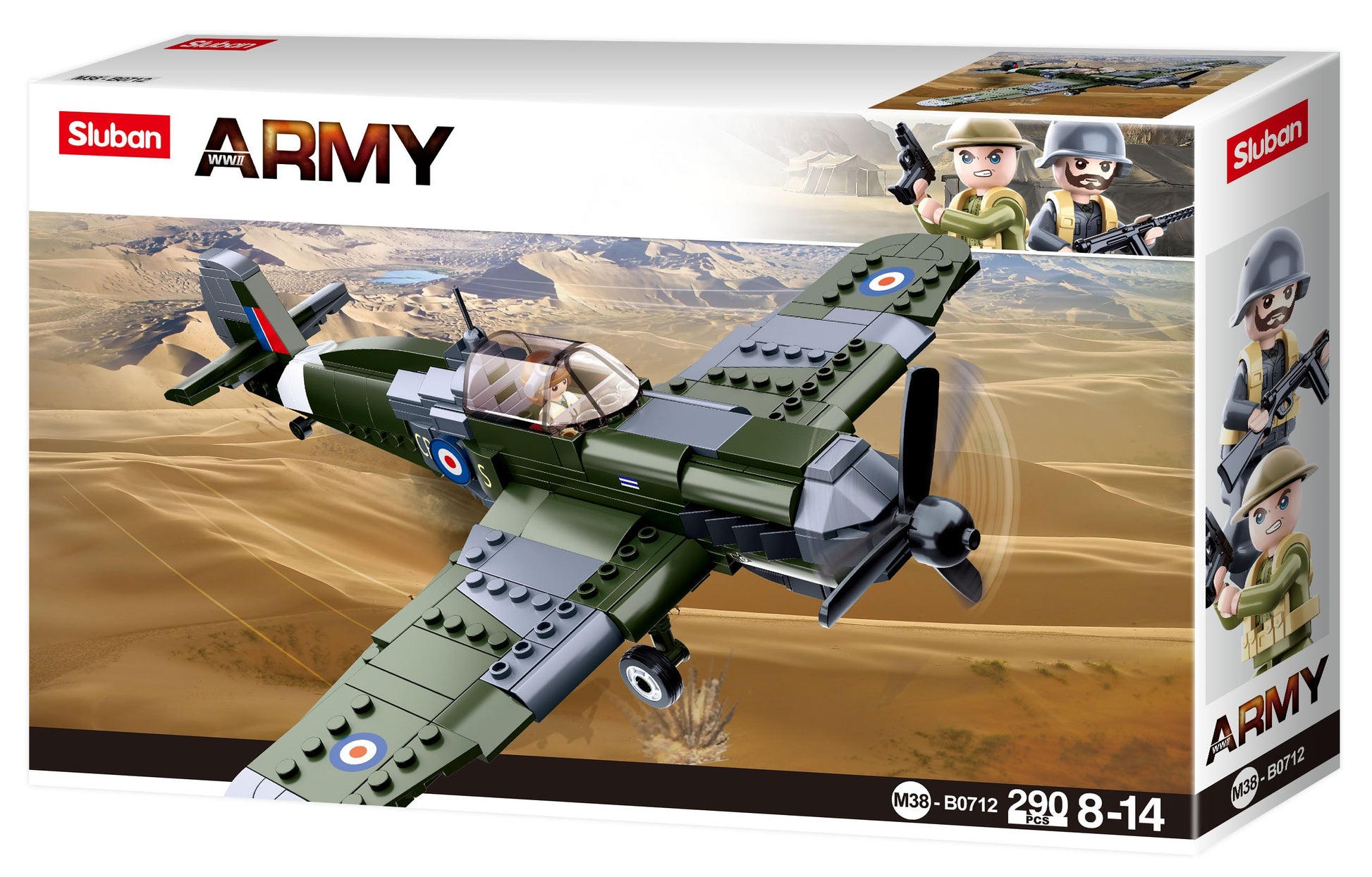 a box of a toy airplane spitfire from ww2 made of building bricks and blocks from sluban australia.
